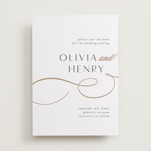 This is a matte gold save the date with letterpress by Jen Banks called forever and printing on coventry320 in standard
