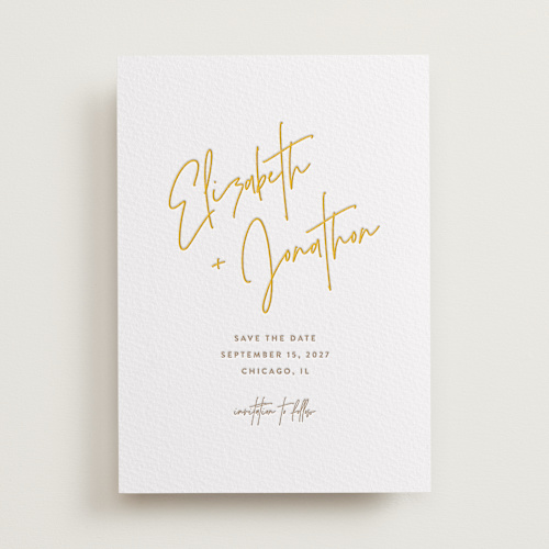 This is a matte gold save the date with letterpress by JoAnn Jinks called marked printing on coventry320 in standard