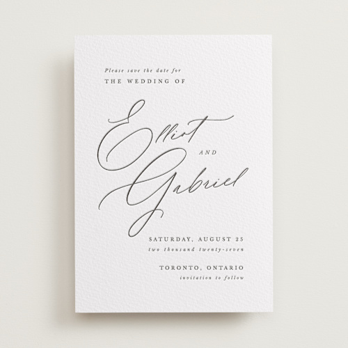 This is a soft black save the date with letterpress by Hooray Creative called scripted names printing on coventry320 in standard