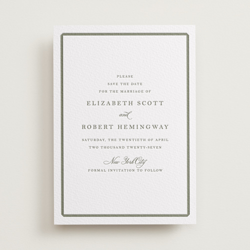 This is a moss save the date with letterpress by Megan Davis called bevel printing on coventry320 in standard