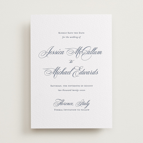This is a aegean save the date with letterpress by Jennifer Postorino called empire printing on coventry320 in standard