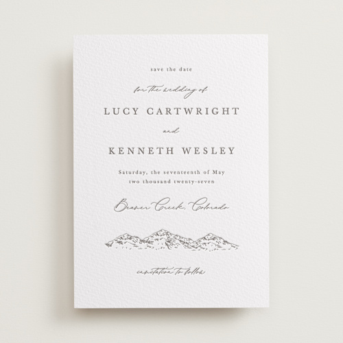This is a graphite save the date with letterpress by Sarah Brown called mountainview printing on coventry320 in standard