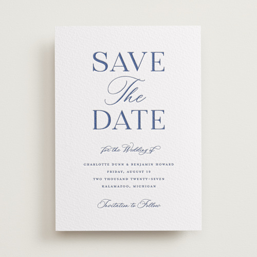 This is a lapis save the date with letterpress by Pixel and Hank called starboard printing on somerset500 in standard