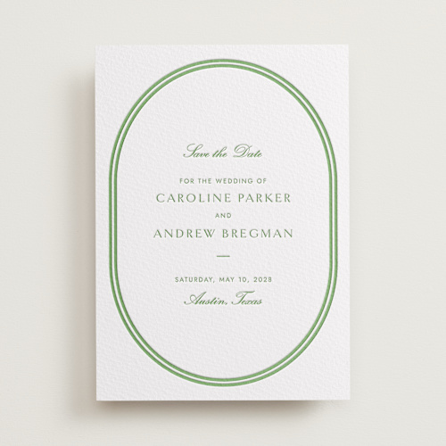 This is a pear save the date with letterpress by Megan Davis called bocce printing on coventry320 in standard