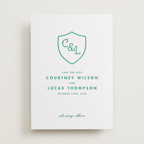This is a shamrock save the date with letterpress by mo kelley called simple crest printing on somerset500 in standard