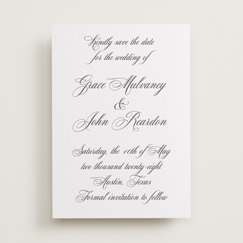 This is a soft black save the date with letterpress by Janean Hinger called scripted in love printing on somerset500 in standard
