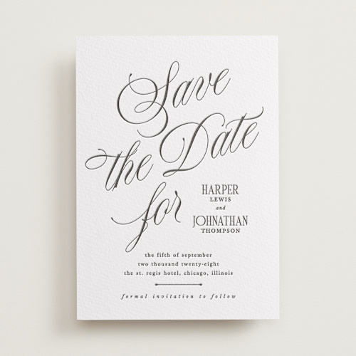 This is a soft black save the date with letterpress by Kate Ahn called mirin printing on somerset500 in standard