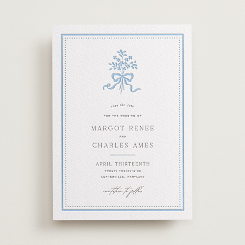 This is a sky blue save the date with letterpress by Erin L. Wilson called margot printing on somerset500 in standard
