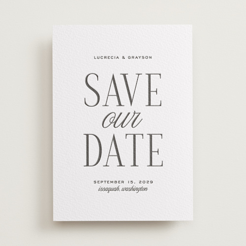 This is a soft black save the date with letterpress by Kamala Nahas called grayson printing on somerset500 in standard