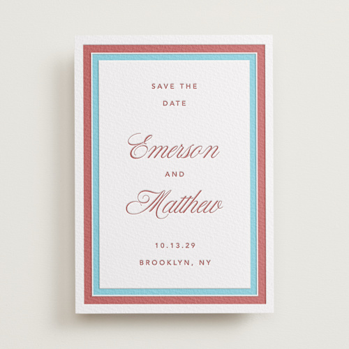 This is a rosewood save the date with letterpress by Kelly Watkins called charm printing on somerset500 in standard