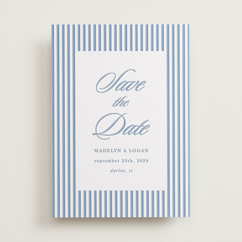 This is a provincial blue save the date with letterpress by Morgan Kendall called catamaran printing on somerset500 in standard