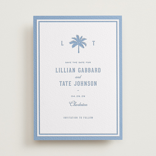 This is a provincial blue save the date with letterpress by Sara Hicks Malone called preston printing on somerset500 in standard