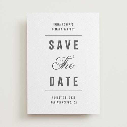 This is a soft black save the date with letterpress by Sumak Studio called bold & elegant printing on somerset500 in standard