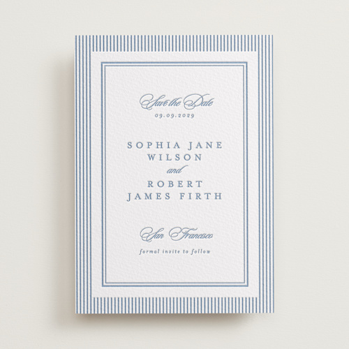 This is a provincial blue save the date with letterpress by Creo Study called posh printing on somerset500 in standard
