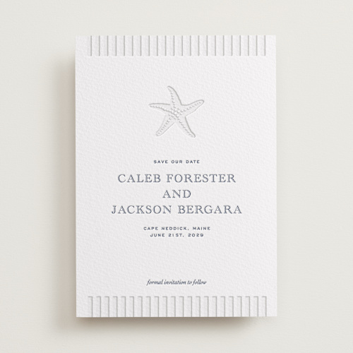 This is a aegean save the date with letterpress by Jenna Holcomb called the sea printing on somerset500 in standard