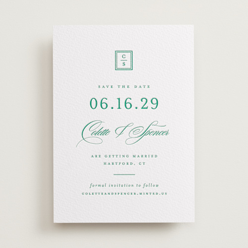 This is a shamrock save the date with letterpress by Olivia Raufman called hartford printing on somerset500 in standard