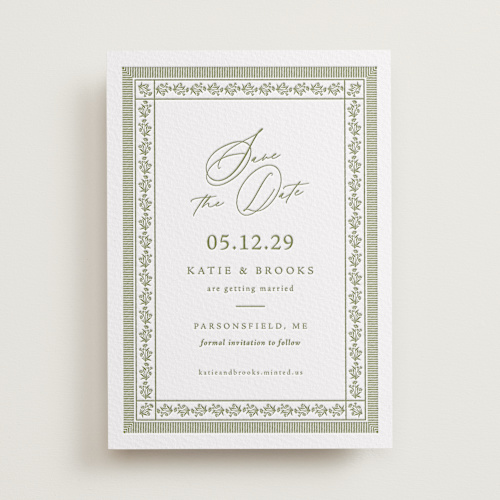 This is a pistachio save the date with letterpress by Olivia Raufman called posy printing on somerset500 in standard