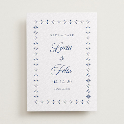 This is a lapis save the date with letterpress by Olivia Raufman called talavera tiles printing on somerset500 in standard