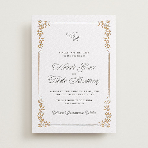 This is a faux gold save the date with letterpress by Kate Ahn called lake como printing on somerset500 in standard