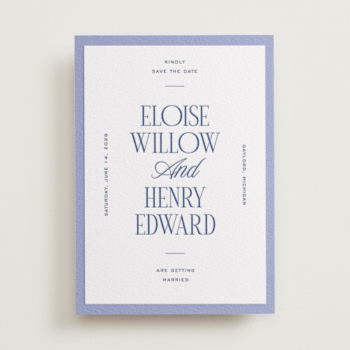 This is a periwinkle save the date with letterpress by Pixel and Hank called threaded printing on somerset500 in standard