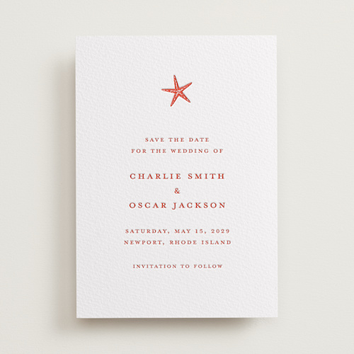 This is a verona sunset save the date with letterpress by Pippa Shaw called lobster printing on somerset500 in standard