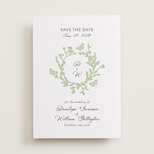 This is a tea green save the date with letterpress by Susan Moyal called flower garden printing on somerset500 in standard