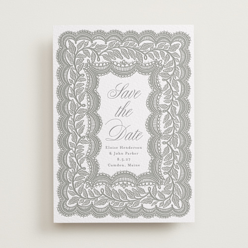This is a gravel save the date with letterpress by Katharine Watson called bridal veil printing on somerset500 in standard