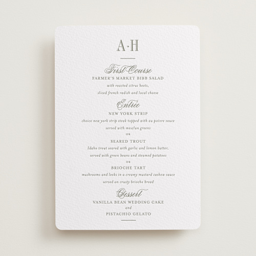 This is a moss menu cards with letterpress by Megan Davis called hepburn printing on somerset500 in standard