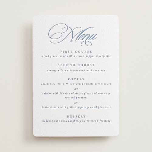 This is a provincial blue menu cards with letterpress by Creo Study called aristocratic printing on somerset500 in standard