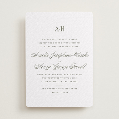 This is a moss letterpress wedding invitations with letterpress by Megan Davis called hepburn printing on somerset500 in standard