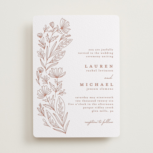 This is a burnt rose letterpress wedding invitations with letterpress by Heather Cairl called pressed botanicals printing on somerset500 in standard
