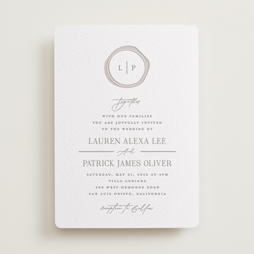 This is a ash letterpress wedding invitations with letterpress by Carolyn MacLaren called wax seal monogram printing on somerset500 in standard