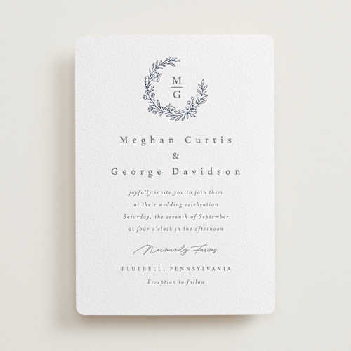 This is a stone letterpress wedding invitations with letterpress by Katherine Moynagh called wreathed monogram printing on somerset500 in standard