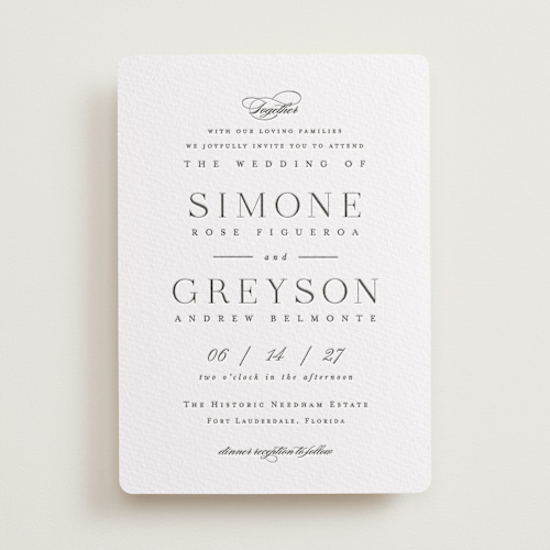 This is a soft black letterpress wedding invitations with letterpress by Hooray Creative called classic serif printing on somerset500 in standard