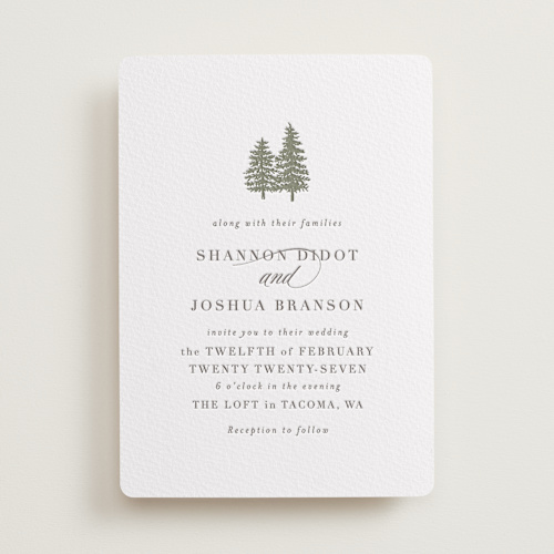 This is a olive letterpress wedding invitations with letterpress by Itsy Belle Studio called evergreens printing on somerset500 in standard