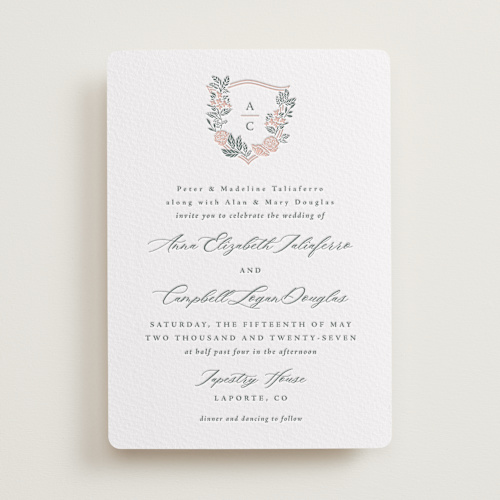 This is a stone letterpress wedding invitations with letterpress by Olivia Raufman called flourishing crest printing on somerset500 in standard