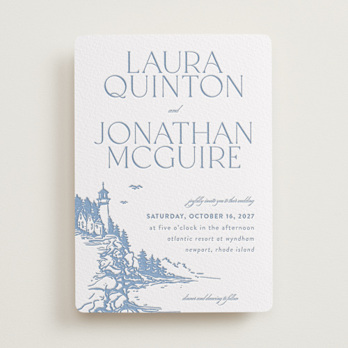 This is a provincial blue letterpress wedding invitations with letterpress by Tennie and Co. called the cliff printing on somerset500 in standard