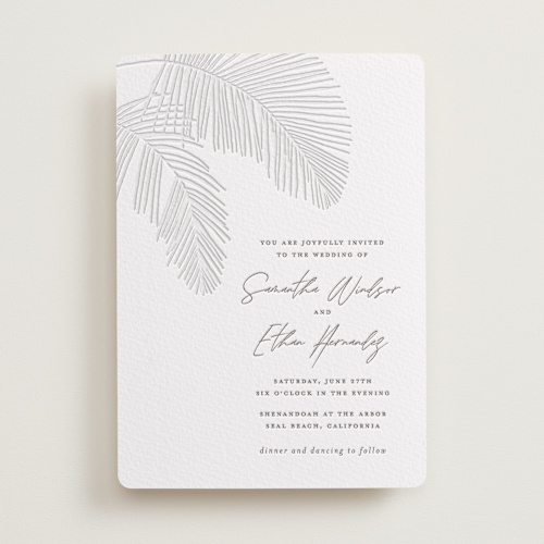 This is a graphite letterpress wedding invitations with letterpress by Owl and Toad called palm arbor printing on somerset500 in standard