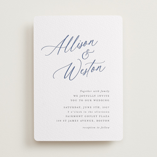 This is a lapis letterpress wedding invitations with letterpress by Hooray Creative called statement names printing on somerset500 in standard