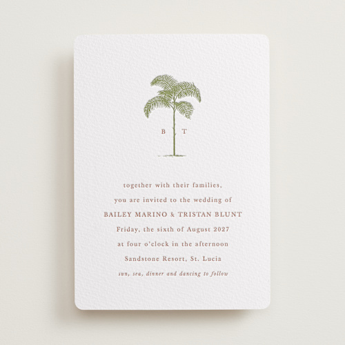 This is a pistachio letterpress wedding invitations with letterpress by Melinda Denison called palm printing on somerset500 in standard