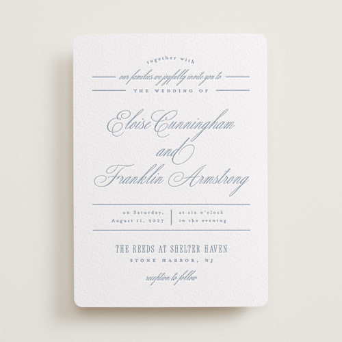 This is a provincial blue letterpress wedding invitations with letterpress by Everett Paper Goods called simple formality printing on somerset500 in standard