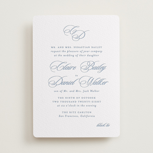 This is a provincial blue letterpress wedding invitations with letterpress by Creo Study called aristocratic printing on somerset500 in standard