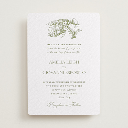 This is a pistachio letterpress wedding invitations with letterpress by Lucrecia Caporale called vineyard elegance printing on somerset500 in standard
