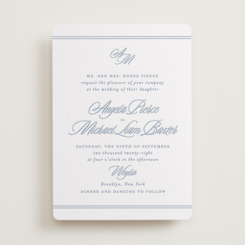 This is a provincial blue letterpress wedding invitations with letterpress by Creo Study called stately printing on somerset500 in standard