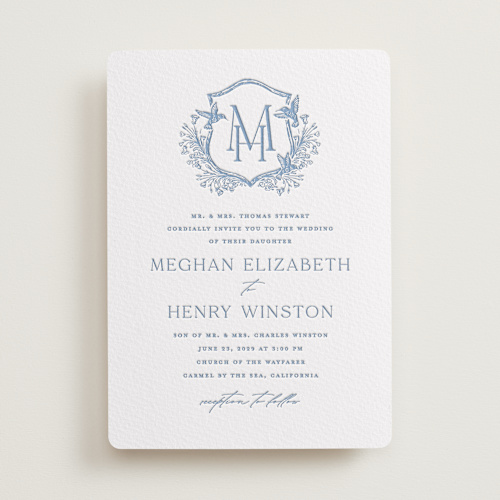 This is a provincial blue letterpress wedding invitations with letterpress by Erin Deegan called hummingbird botanicals printing on somerset500 in standard