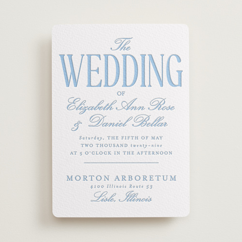 This is a sky blue letterpress wedding invitations with letterpress by Baumbirdy called big day printing on somerset500 in standard