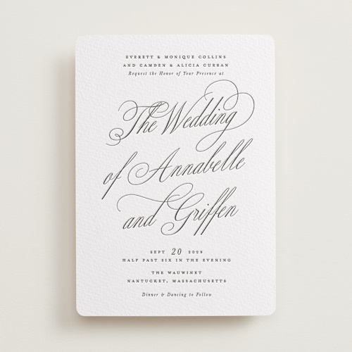 This is a soft black letterpress wedding invitations with letterpress by Susan Zinader called romantic script printing on somerset500 in standard
