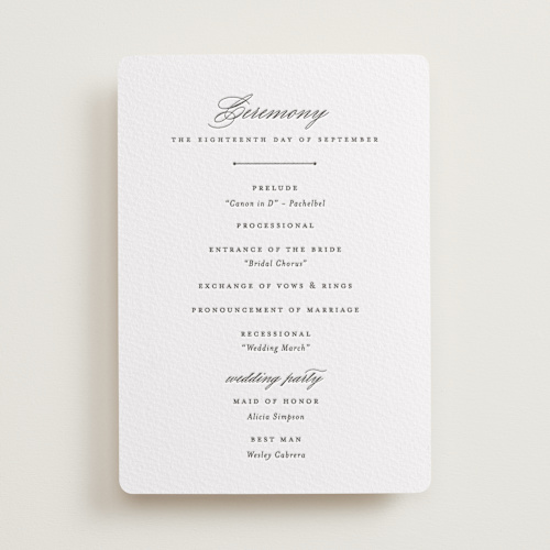 This is a soft black unique wedding programs with letterpress by Olivia Raufman called classic composition printing on somerset500 in standard