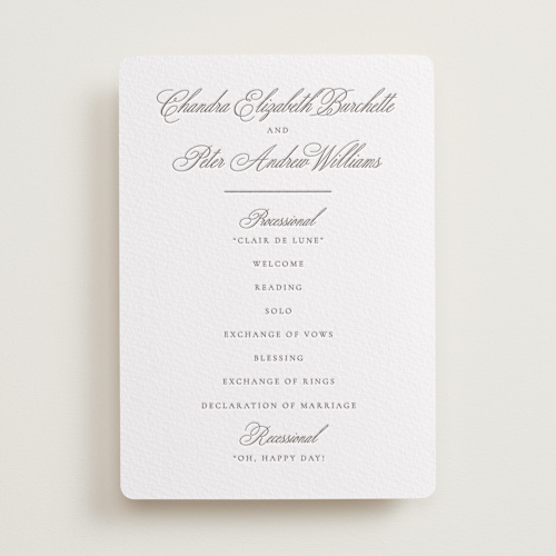 This is a graphite unique wedding programs with letterpress by Wildfield Paper Co called calligraphie printing on somerset500 in standard