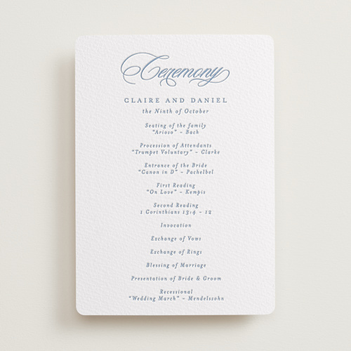 This is a provincial blue unique wedding programs with letterpress by Creo Study called aristocratic printing on somerset500 in standard